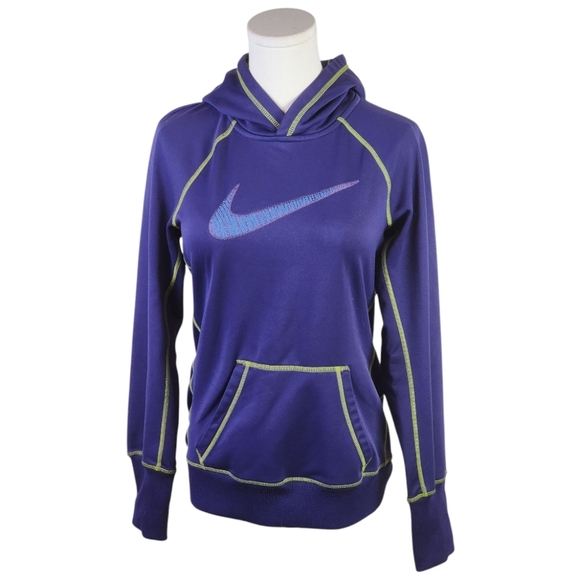 Nike Therma-Fit Hoodie Purple Neon Stitch Women’s Small Swoosh Pullover - Picture 1 of 8